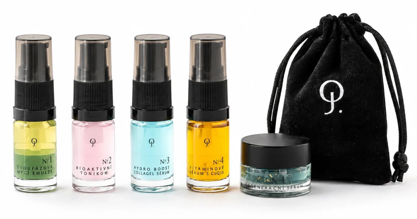 Pět produktů Travel Luxe v cestovním balení se sametovým sáčkem